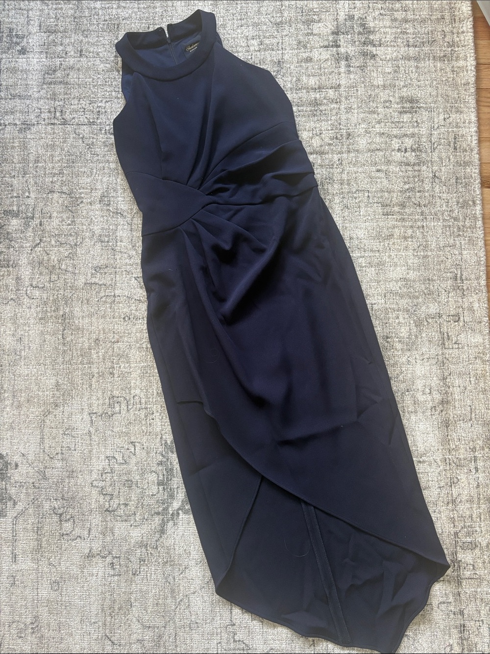 Shoshanna Navy High-Low Twist Front Halter Dress